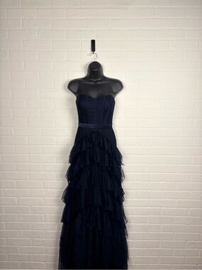 Pear Culture Womens Navy Blue Glitter Tulle Prom Homecoming Dress Size 3/4